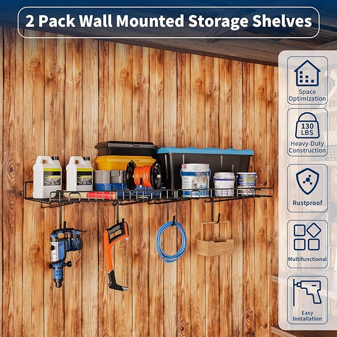 2 Pack Garage Wall Shelf, Wall Mounted Storage Shelves, Heavy Duty Metal Shelves - Image 3