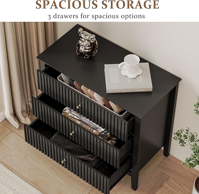 RoyalCraft Black Fluted 3 Drawer Dresser, 32 inch Wide Dresser Nightstand - Image 3
