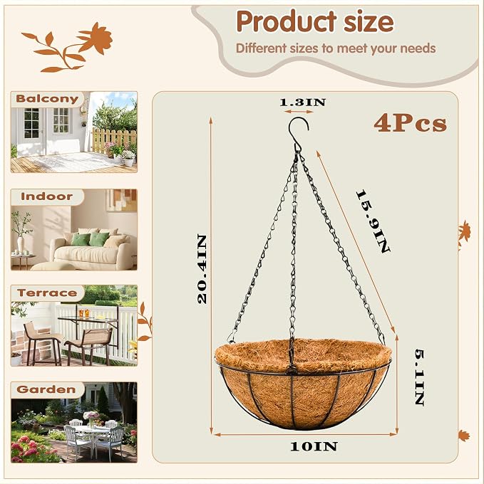 Metal 10 inch Round Planter, 4 Pack Hanging Wire Basket - Image 4