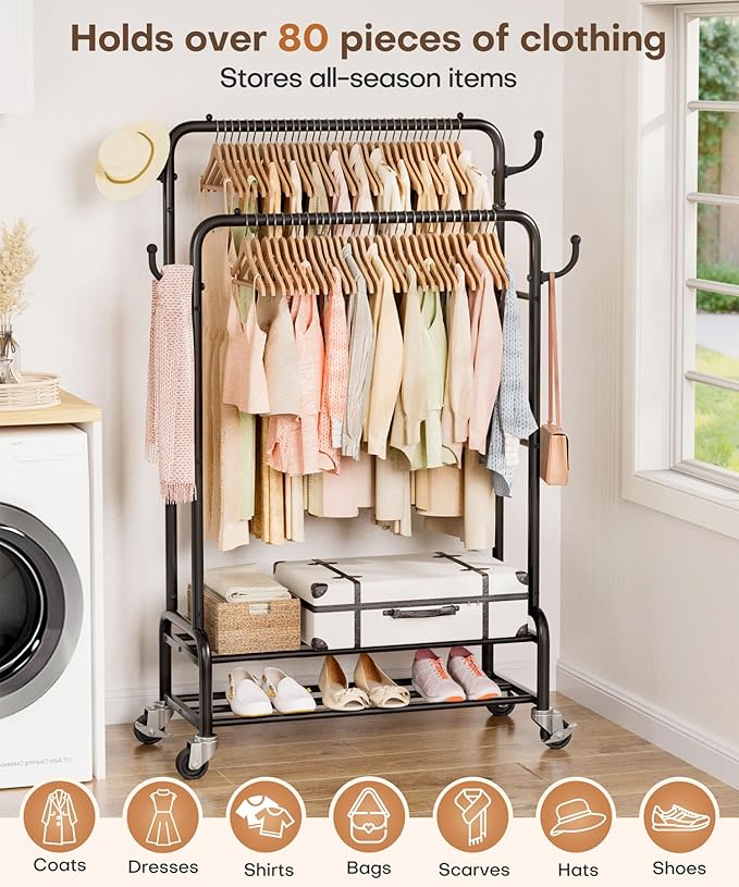 Homde Heavy Duty Clothes Rack: 265lb Rolling Double Rod Garment Hanging - Image 4