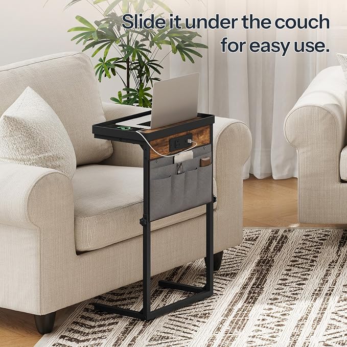 HOOBRO C-Shaped End Table with Charging Station, 29.5” Adjustable Height Side - Image 4