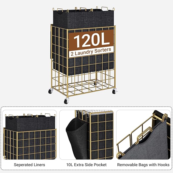 120L Laundry Basket with Wheels, Large Capacity Laundry Hamper with 3 Separate - Image 2
