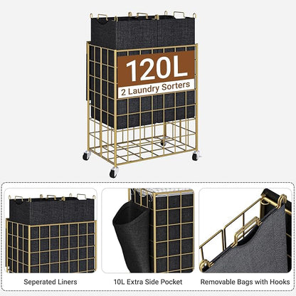 120L Laundry Basket with Wheels, Large Capacity Laundry Hamper with 3 Separate - Image 2