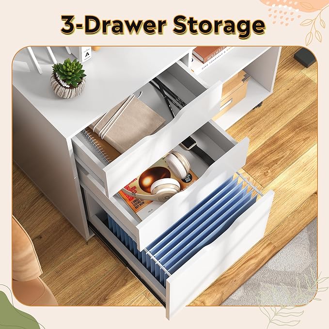 DEVAISE 3 Drawer File Cabinet, Lateral Filing Cabinet White | Mobile Printer - Image 4