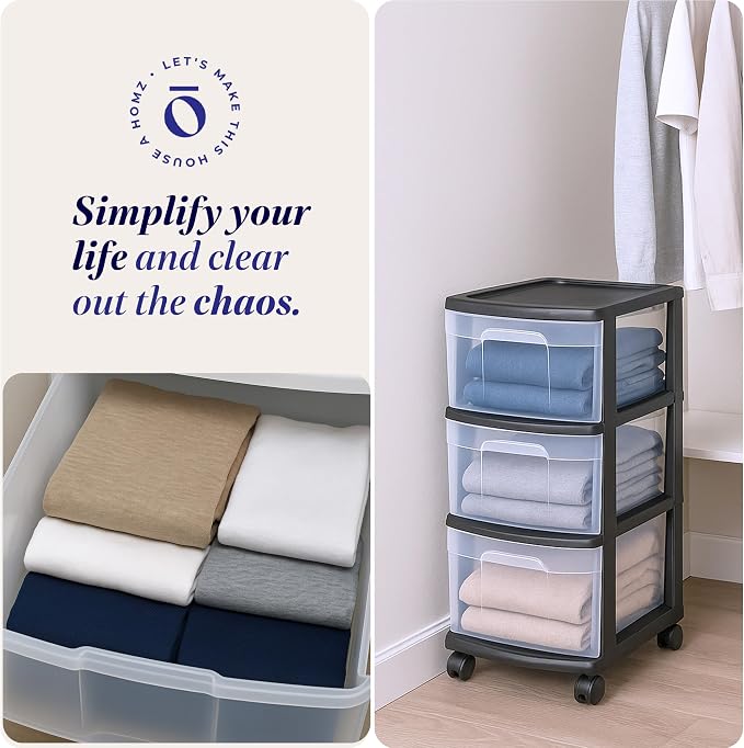 HOMZ Drawer Tower 3-Tier Storage Cart, Removable Wheels, 2 Pack | Plastic - Image 7