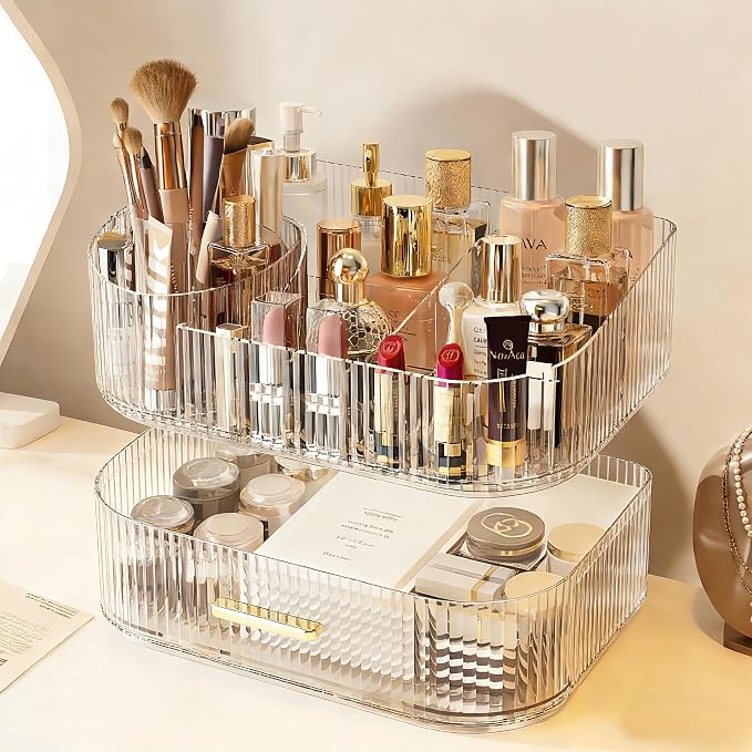 Makeup Organizer with 360° Rotating Brush Holder and Stackable Drawers - Image 4