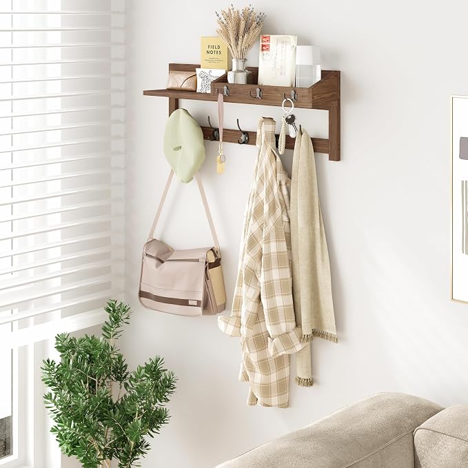 AMBIRD Wall Hooks with Shelf 26.57inch Entryway Wall Hanging Shelf Wood Coat - Image 2