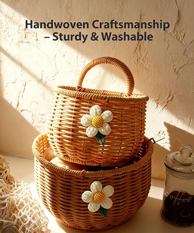2 Pack Wall Hanging Rattan Baskets, Hand-Woven Storage Basket, Small Wall - Image 3