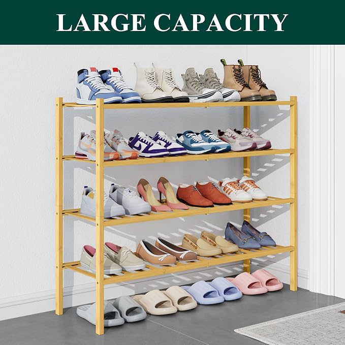 Smiry Bamboo Shoe Rack for Closet, 4 Tier Long Wooden Stackable Shoe Organizer - Image 5