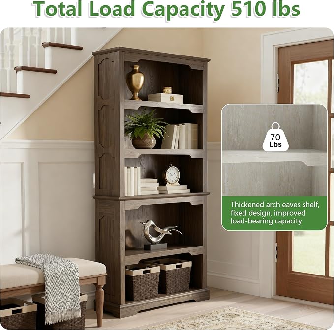 70 Inch Farmhouse Bookcase, Walnut Two-Tone Shelves, 5 Tier Bookshelf - Image 6