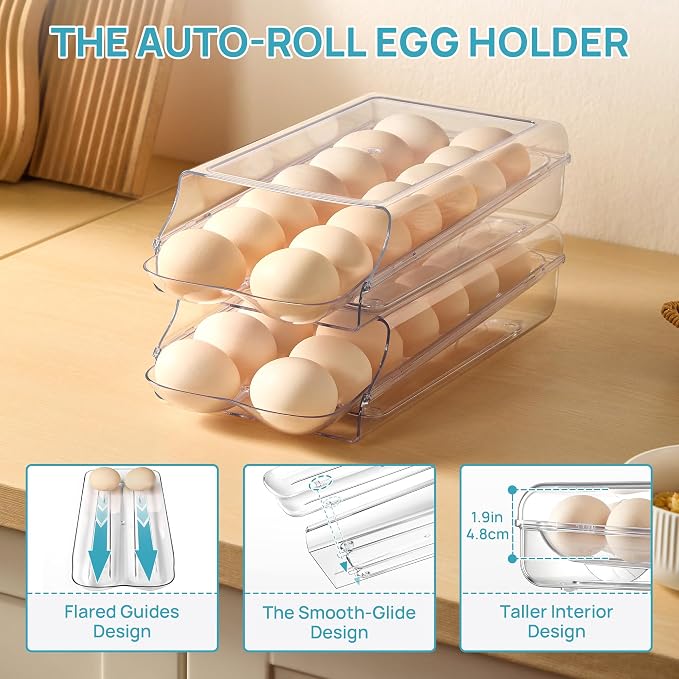 Vtopmart 2 Pack Egg Holder for Fridge, Automatic Rolling Egg Container | - Image 3