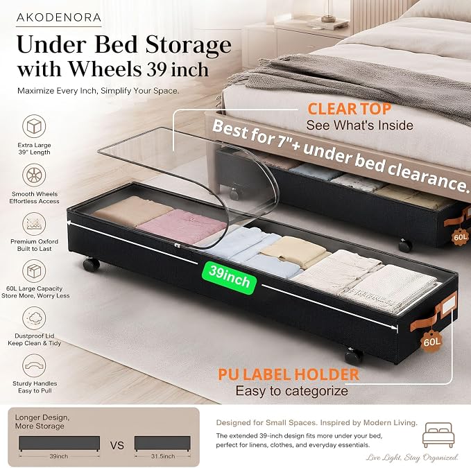 Under Bed Storage with Wheels 39inch, Extra Long Under Bed Storage Bins - Image 3