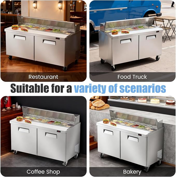 60" W Commercial Refrigerator Sandwich Salad Prep Table, Stainless Steel 2-Door - Image 8