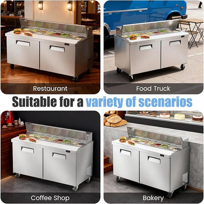 60" W Commercial Refrigerator Sandwich Salad Prep Table, Stainless Steel 2-Door - Image 8
