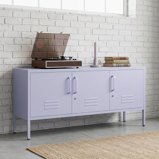 Lockable 3-Door Lavender Purple Metal TV Cabinet, Industrial Low Profile Steel by mkficje