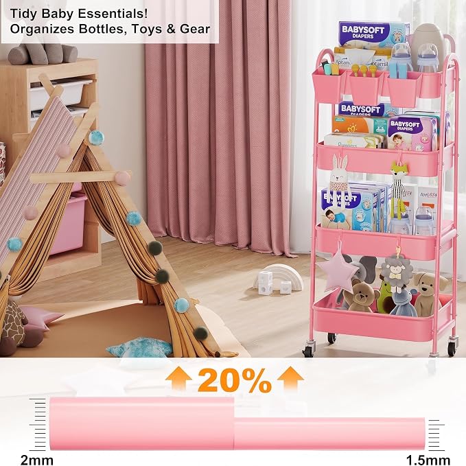 4 Tier Rolling Cart Metal with Lockable Wheels, Four Tiered Pink Trolley Cart - Image 2