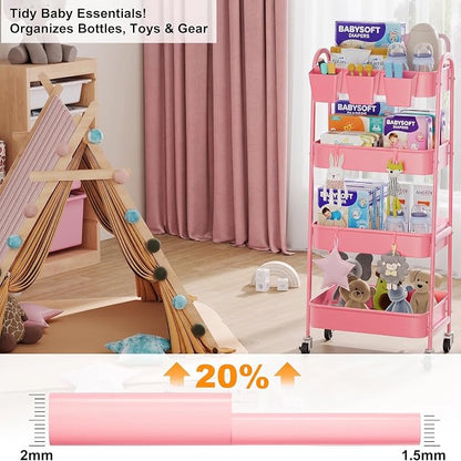 4 Tier Rolling Cart Metal with Lockable Wheels, Four Tiered Pink Trolley Cart - Image 2