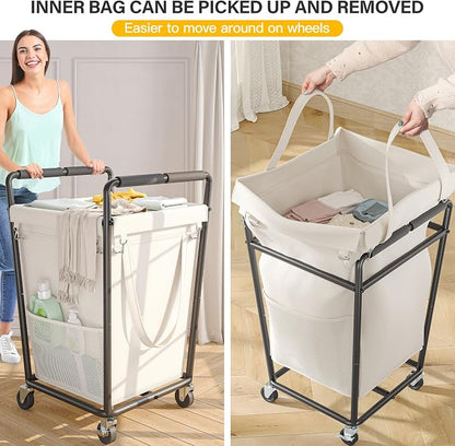 180L Laundry Basket with Wheels & Handles, Laundry Cart with Removable Bag & - Image 5