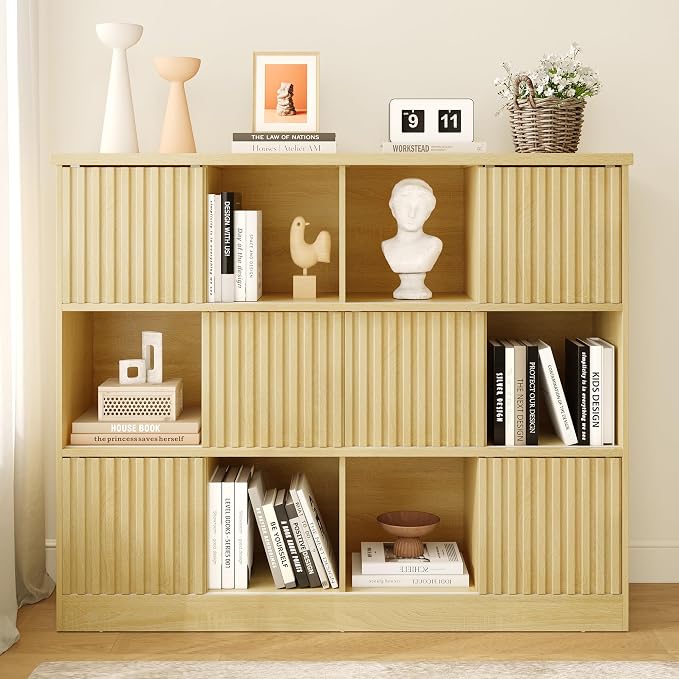 iPormis 12 Cube Bookcase with 6 Fluted Sliding Doors, 3 Tier Wooden Bookshelf by iPomis