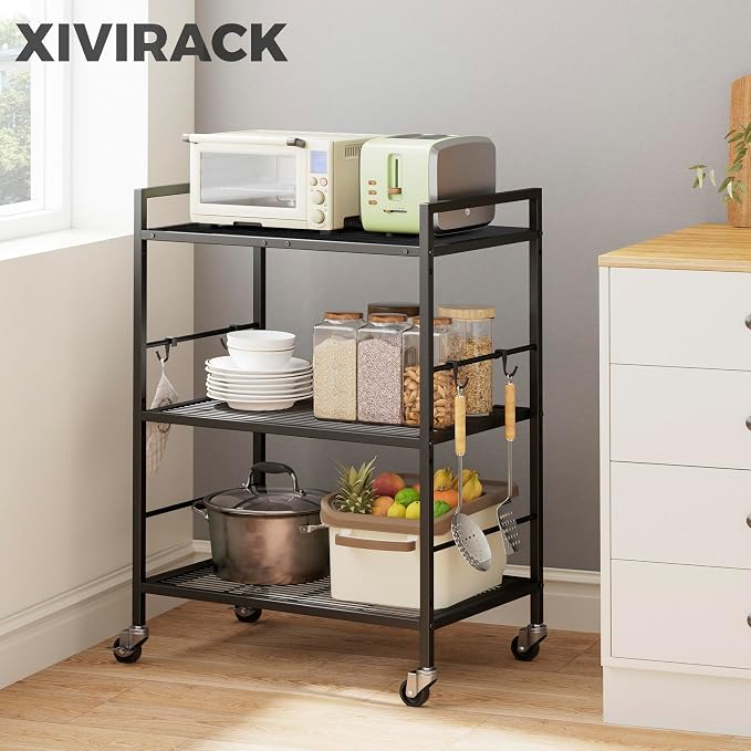 3-Tier Metal Storage Rack with Industrial Wheels, Mesh Shelving Unit with - Image 2