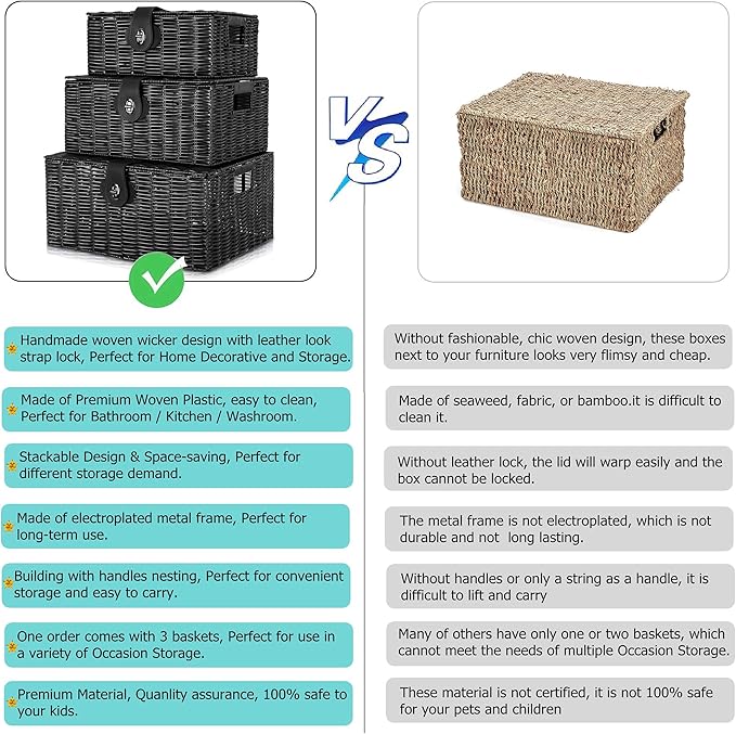 Set of 3 Woven Wicker Storage Basket Box - Image 6