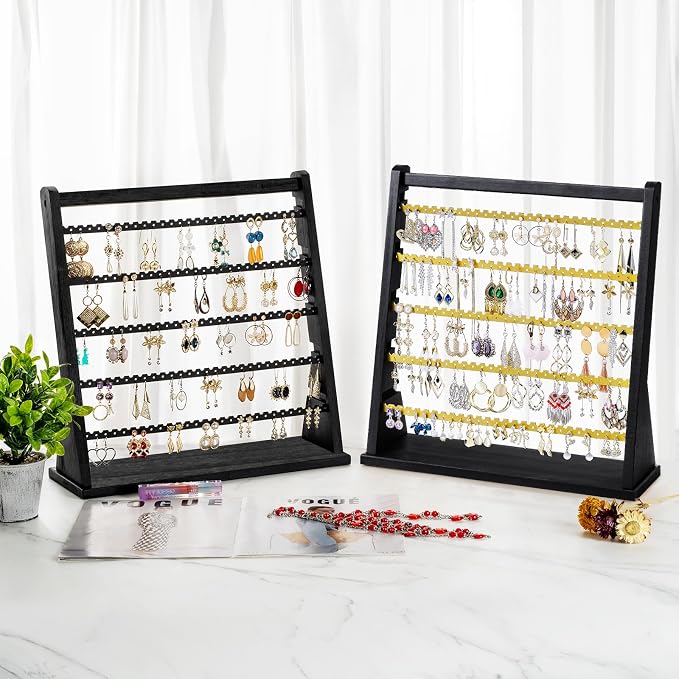 Poyilooo Earring Organizer Stand, Rustic Wood Earring Holder Rack, 5 Layer - Image 6