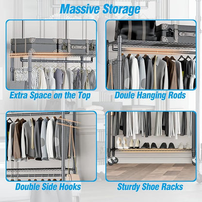 Homdox Rolling Clothes Rack Heavy Duty, 3-Tier Adjustable Wire Shelving Garment - Image 7