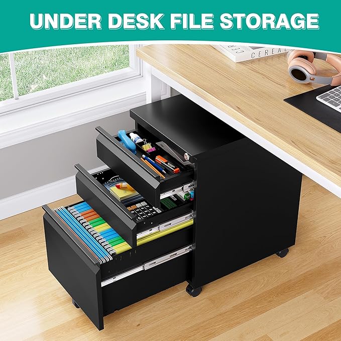 3 Drawer File Cabinet with Lock, Under Desk File Cabinet with Wheels, Three - Image 4
