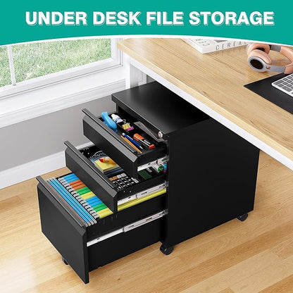 3 Drawer File Cabinet with Lock, Under Desk File Cabinet with Wheels, Three - Image 4