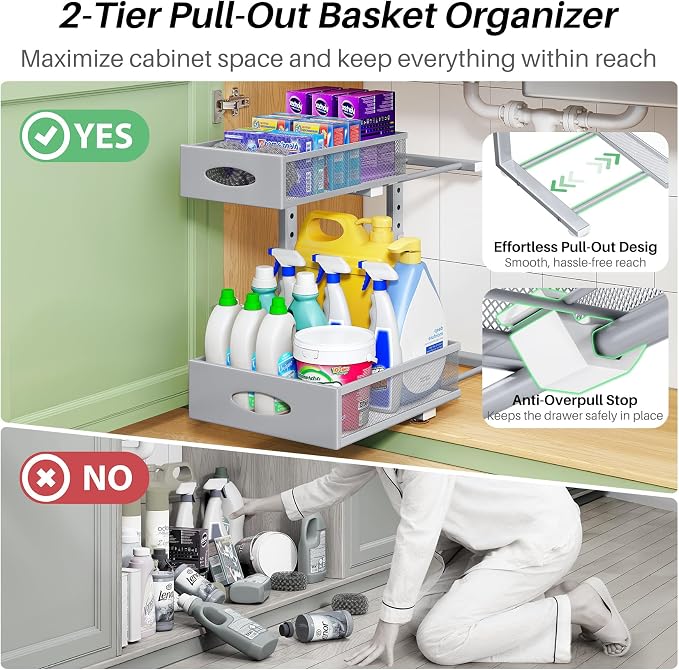 Under Sink Organizer, L-Shaped Adjustable Height, Mesh Sliding Drawer - Image 4