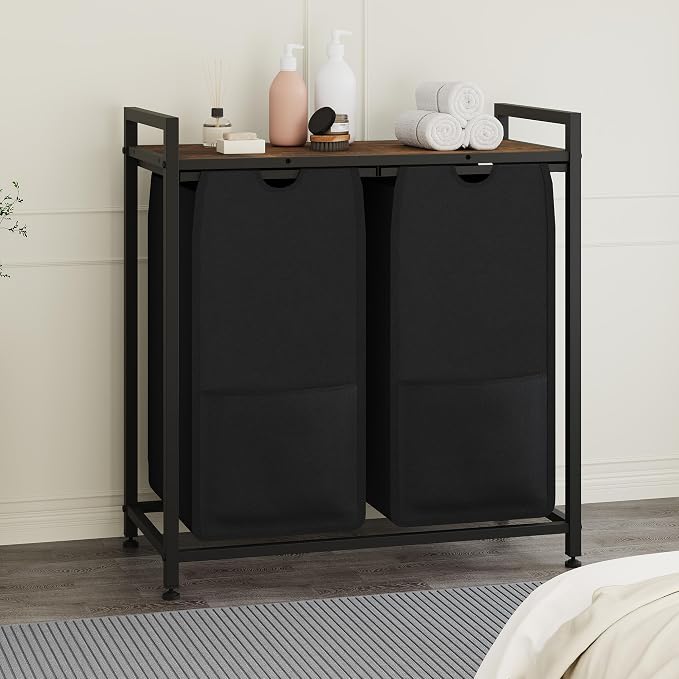2-Section Laundry Hamper with Shelf, Pull-Out Removable 12.8 gal Bags, Metal - Image 3
