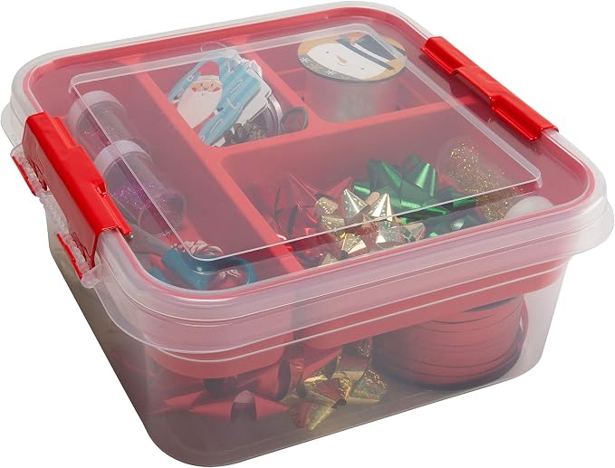 Simplify 5 Compartment Gift Supply Storage Box | 2 Tier Box | Red | Clear Top by Simplify