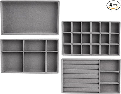 Framendino, 4 Pack Grey Velvet Jewelry Trays Stackable Organizer Drawer Inserts by Framendino