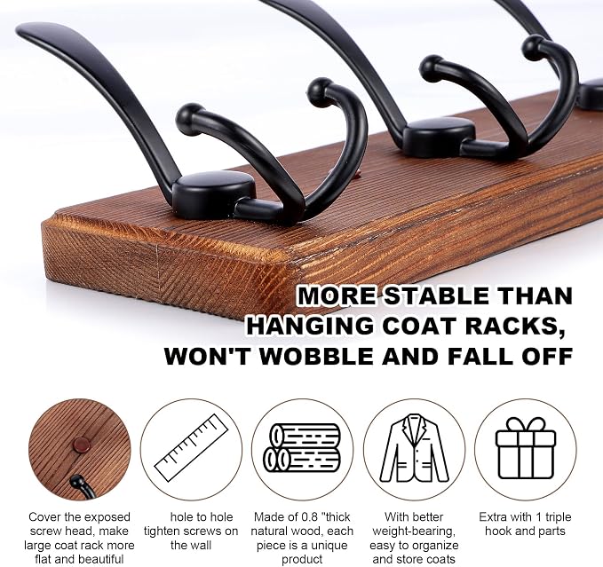 Large Coat Rack Wall Mount 38.6'' Rustic Wood Coat Rack Hook Long Coat Hooks - Image 5