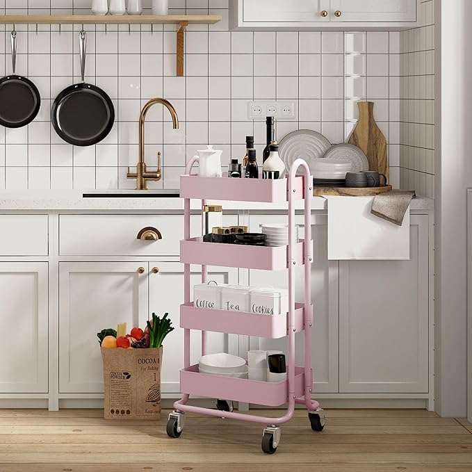 4 Tier Metal Rolling Cart Pink Utility Cart - Image 2