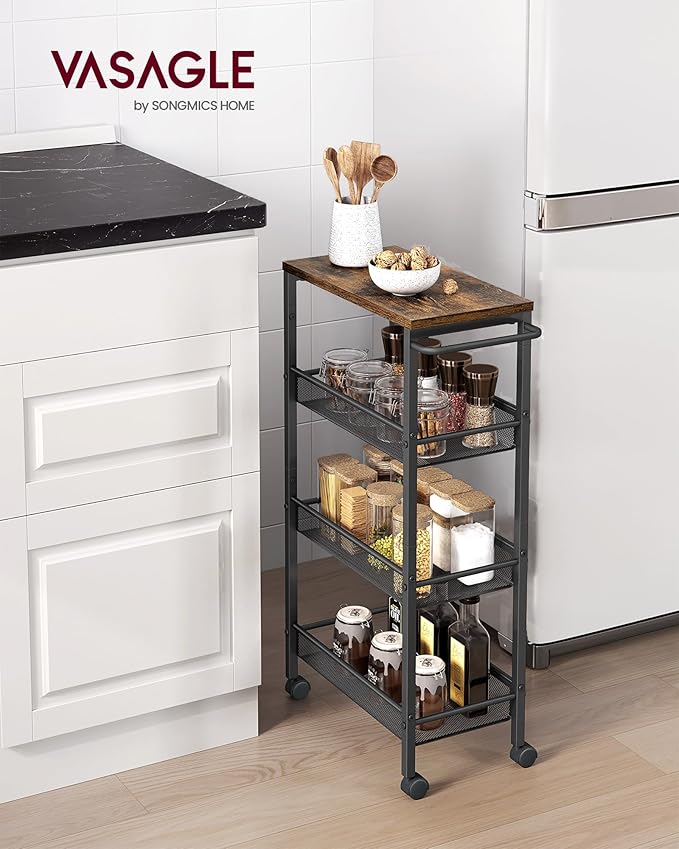 VASAGLE Slim Rolling Cart, 4-Tier Storage Cart, Narrow Cart - Image 2