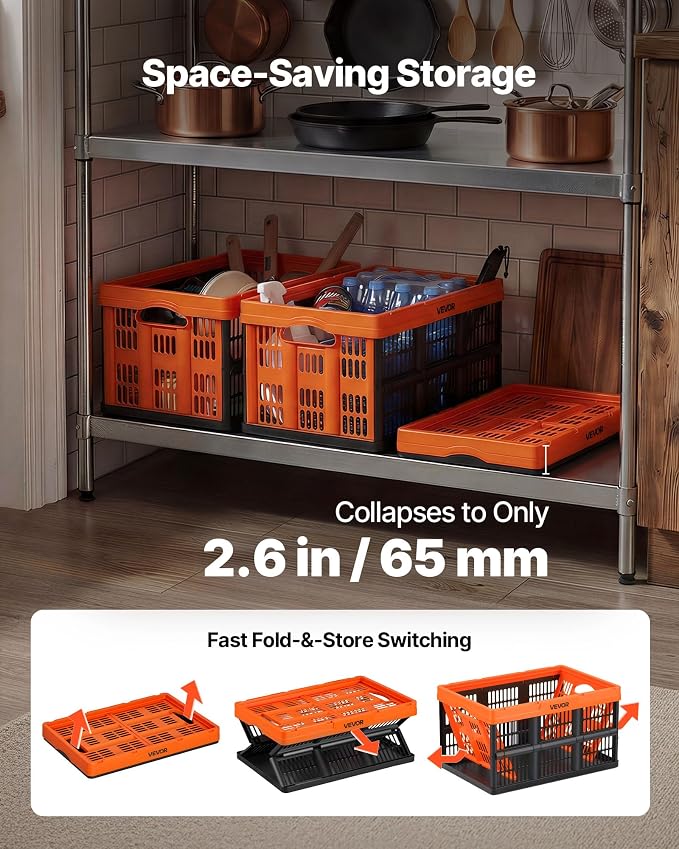 VEVOR Plastic Collapsible Storage Bins, 45L 6 Packs, Stackable Folding Storage - Image 4