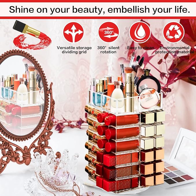Acrylic Lipstick Tower Holder, 360 Degree Rotating Makeup Cosmetic Lipsticks - Image 2