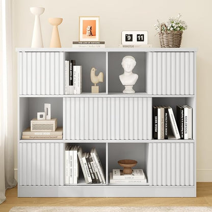 iPormis 12 Cube Bookcase with 6 Fluted Sliding Doors, 3 Tier Wooden Bookshelf by iPomis