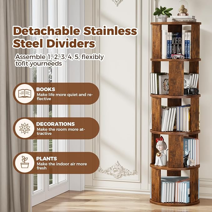 5 Tier Rotating Bookshelf Tower, 360° Display Round Bookcase, Floor Standing - Image 3