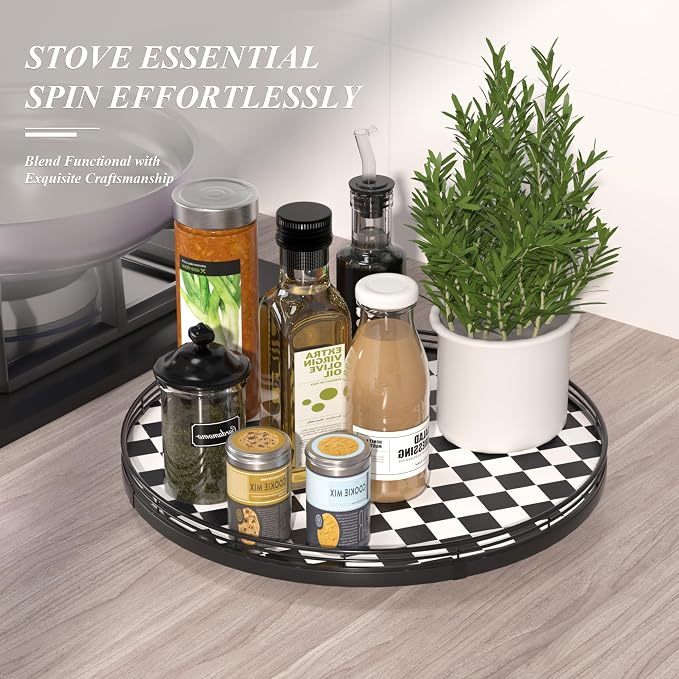 16" Black and White Kitchen Lazy Susan Turntable, Round Checkered Decorative - Image 5