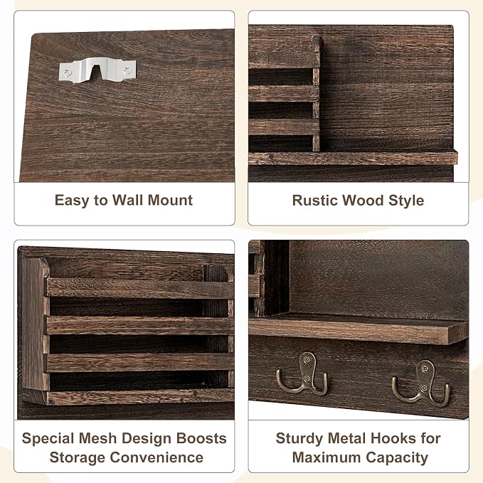 Dahey Wall Mounted Mail Holder Wooden Key Holder Rack Mail Sorter Organizer - Image 4