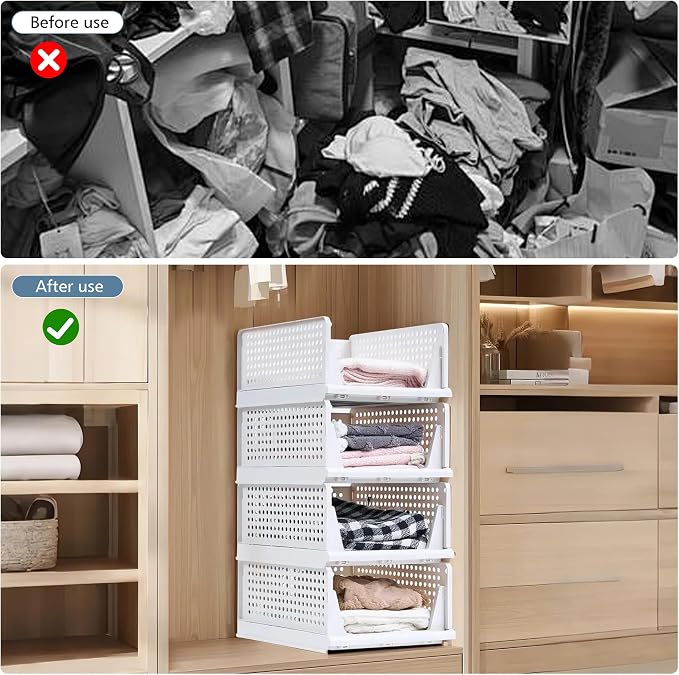 VECELO 4 Pack Plastic Closet Shelf Organizer, Stackable Sweater Storage Closet - Image 4