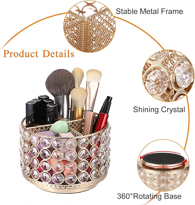 Hipiwe Crystal Vanity Organizer 360 Rotating Makeup Brush Holder Spinning - Image 3