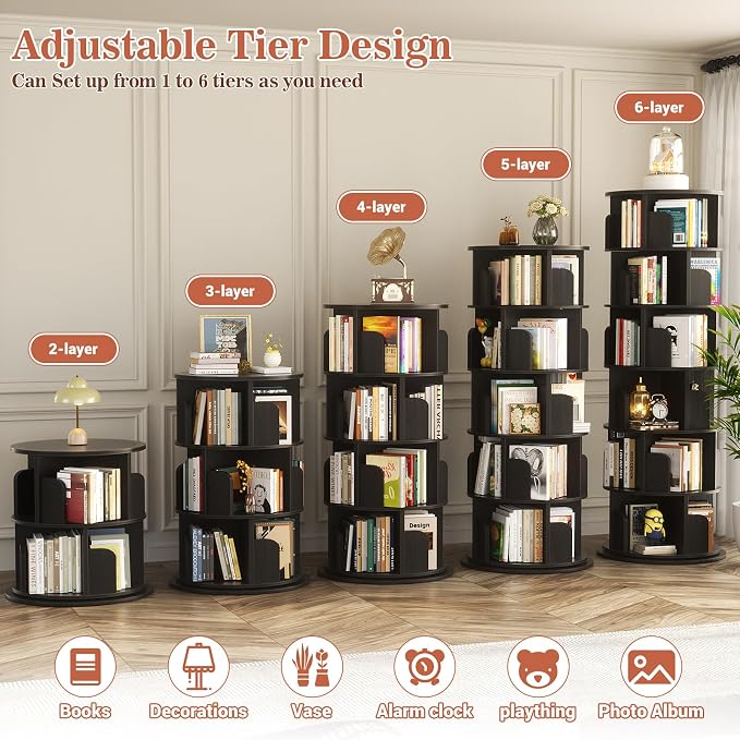 Aheaplus 6 Tier Rotating Bookshelf, Wood Spinning Bookshelf Tower, Round - Image 6