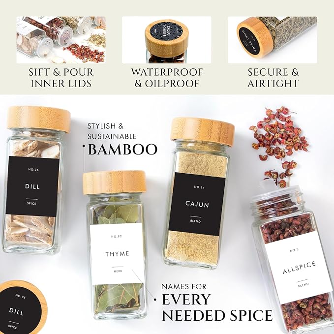 Glass Spice Jars with Label with Bamboo Lids Minimalist 36 Pack Set, 4oz Clear - Image 5