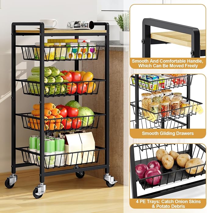 TOOLF 5 Tier Kitchen Storage Cart, Metal Utility Rolling Snack Cart | Wooden - Image 9