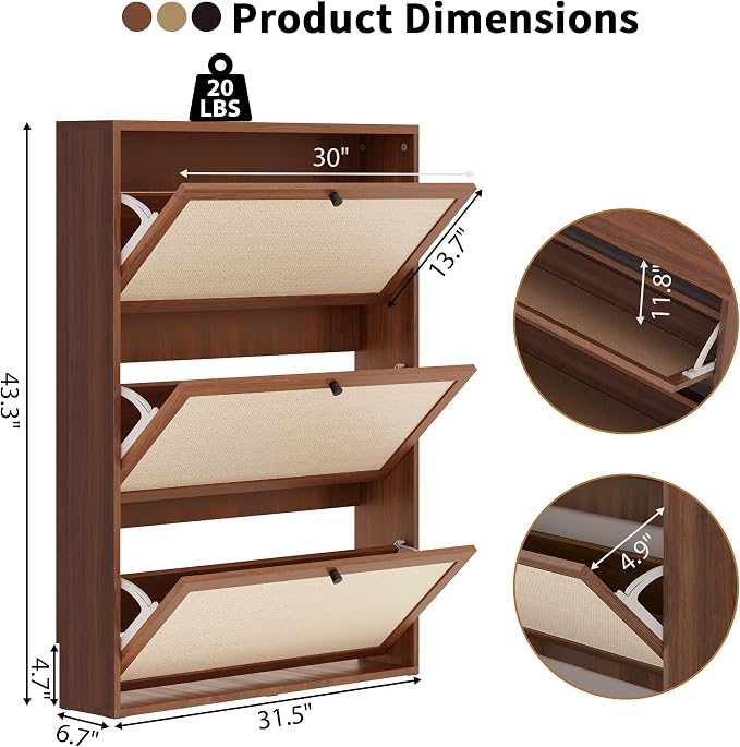 Rattan Shoe Cabinet with 3 Flip Drawers, Simple Setup Hidden Shoe Rack - Image 2