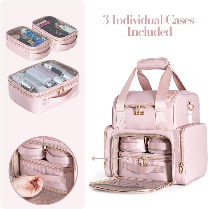 Large Makeup Cosmetic Bag with 3 Removable Case, Double Layer Travel Makeup - Image 2