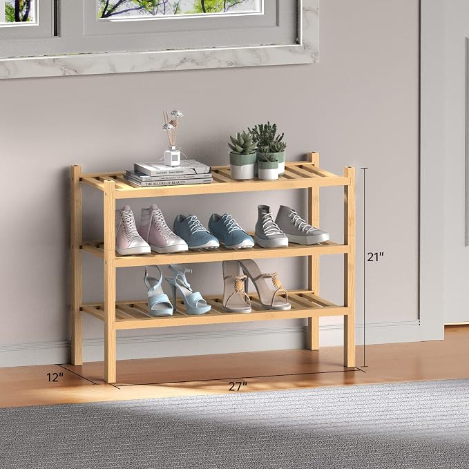 (Thick Bamboo Shoe Rack for Entryway, 3-Tier Free Standing Shoe Racks Stackable - Image 3